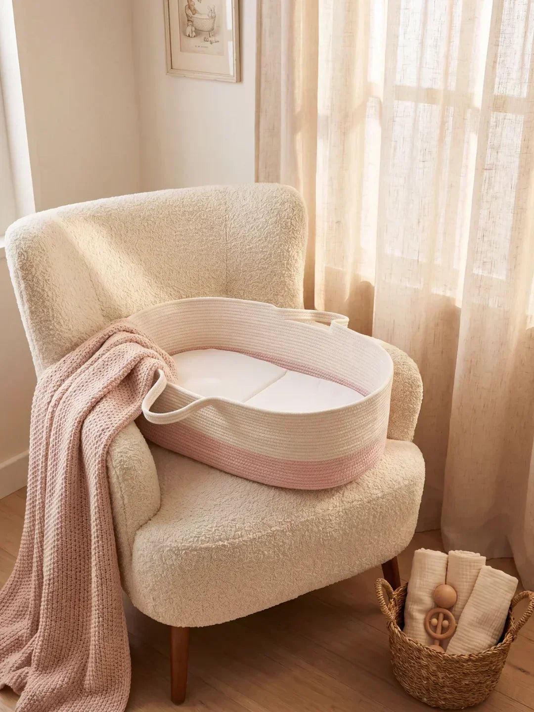 Cesta cambiador de bebé recién nacido, gris perle/ecru, tejida, colchoneta confortable.