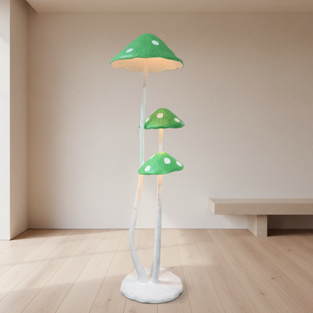Lámpara de pie LED hongo, iluminación ambiental cálida para un hogar acogedor.