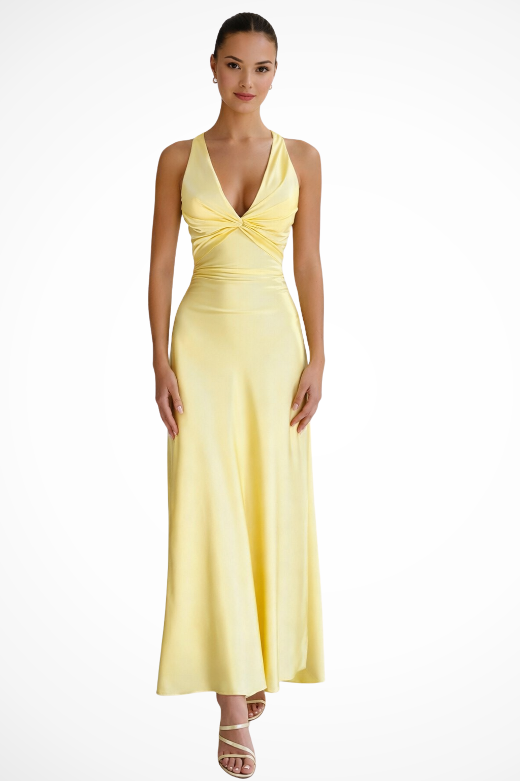 Vestido maxi elegante amarillo de mujer con cuello halter y espalda descubierta. Ideal para fiestas o bodas.