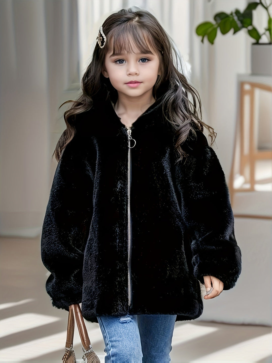 Abrigo infantil cálido de niña con capucha y orejitas, perfecto para otoño-invierno y juegos.