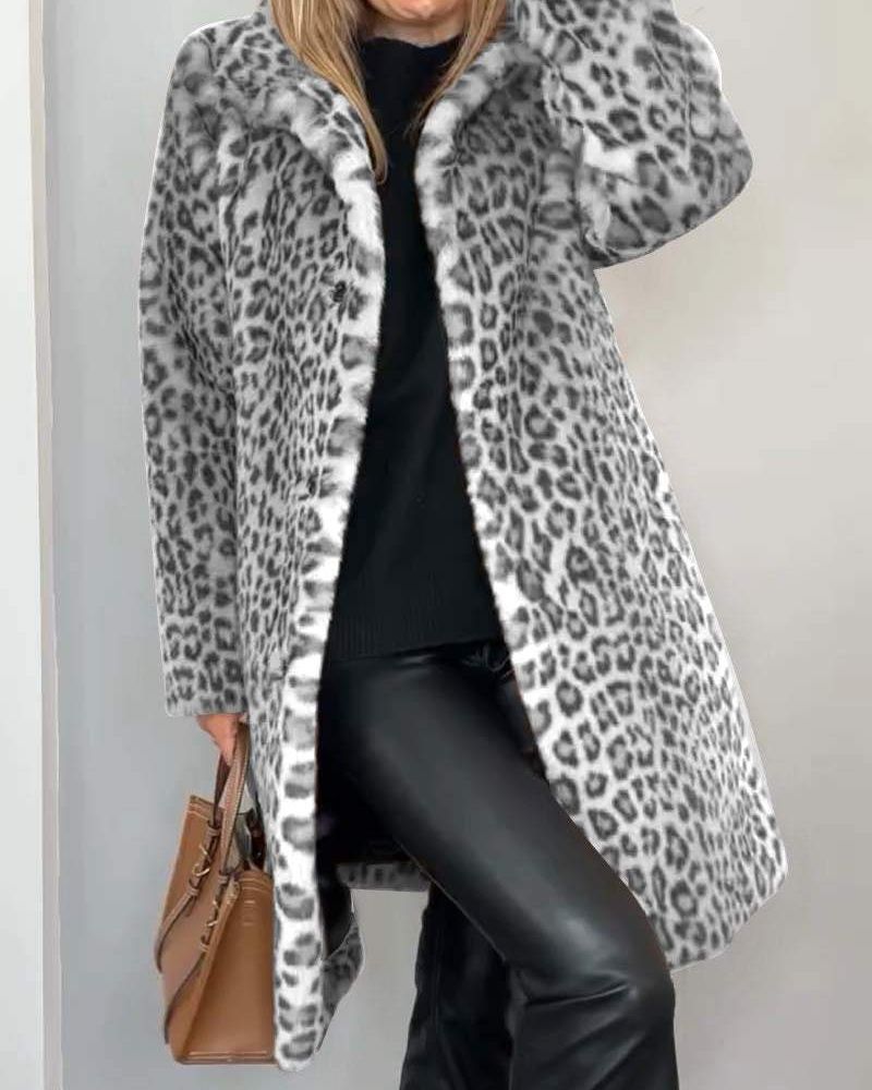 Chaqueta de mujer con estampado animal de leopardo, diseño moderno para invierno y otoño, estilo casual y elegante.