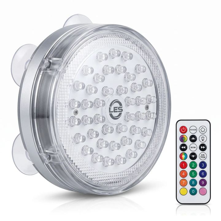 Luz LED sumergible RGB impermeable con mando a distancia para piscina o acuario. Ideal decoración fiesta.