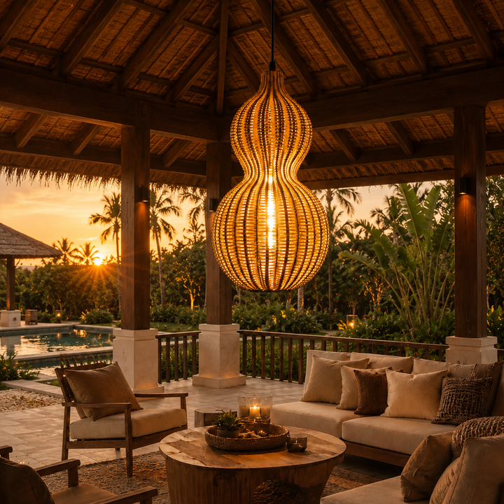 Colgante exterior estilo boho chic para patios, iluminación IP65 tejida a mano, luz cálida.