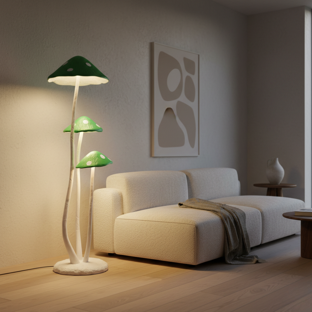 Lámpara de pie LED hongo gris, iluminación interior con un toque artístico.
