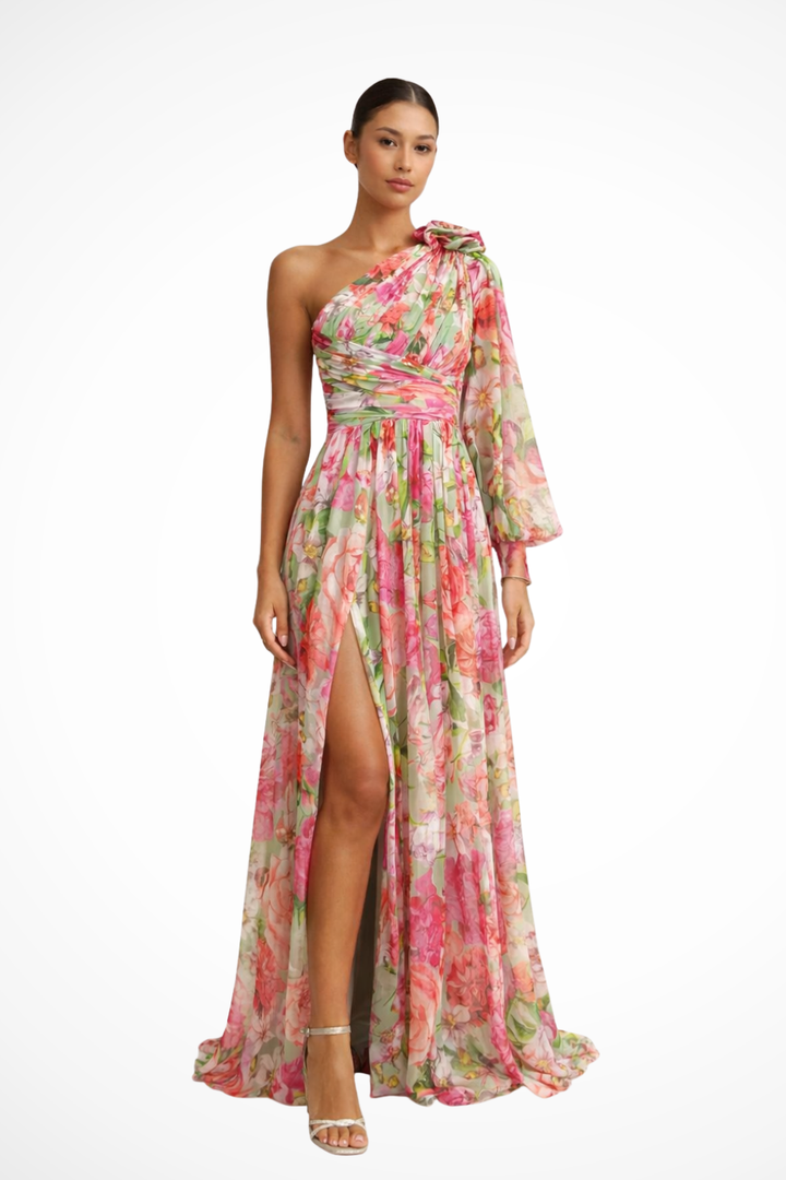Vestido maxi de moda fluida y un hombro para mujer, ideal para primavera/verano, look elegante y moderno.