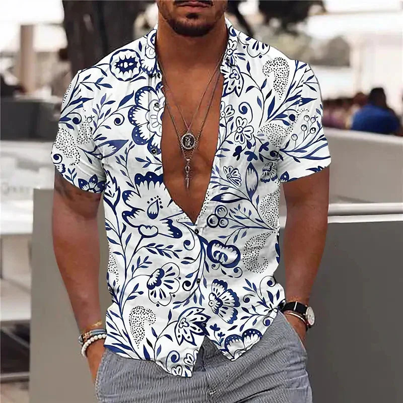 Camisa de hombre con escote V profundo, estampado único y manga larga, estilo audaz y moderno para primavera.