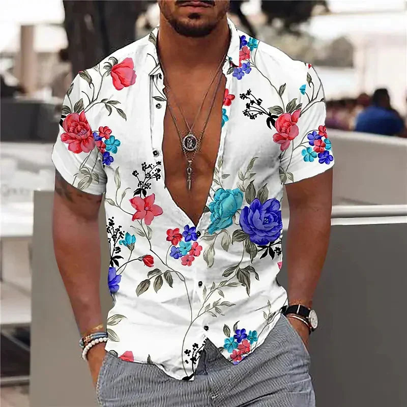 Camisa casual elegante para hombre, escote V y estampado original. Moda masculina de tendencia para el verano.