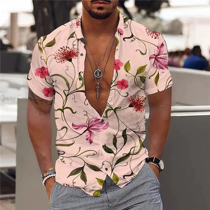 Camisa de hombre con escote V y estampado vibrante. Estilo audaz y elegante para moda masculina contemporánea.
