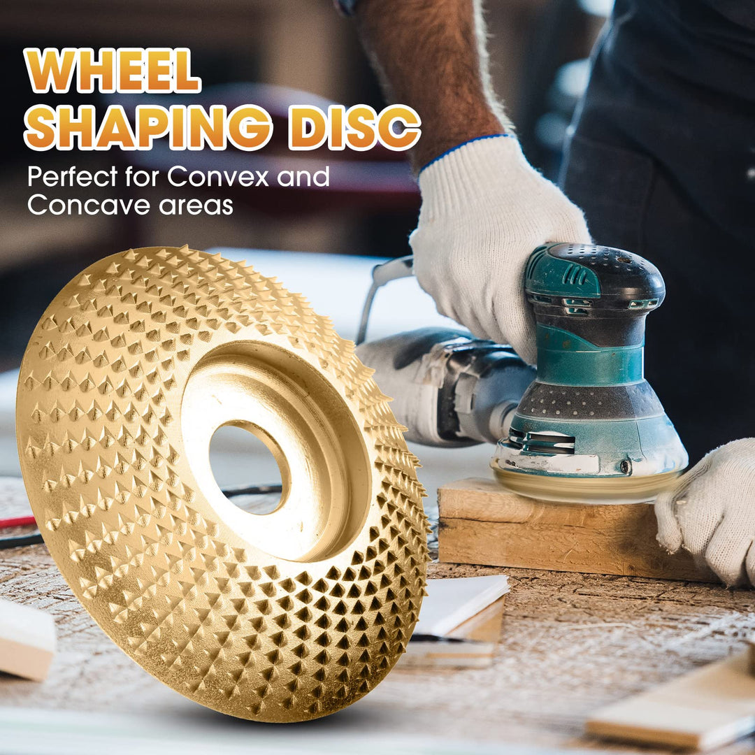 Talla y conforma madera con disco de carburo para amoladora angular; herramienta esencial para carpintería.
