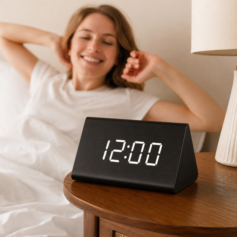 Pantalla HD de reloj despertador digital con control sonoro y múltiples alarmas.