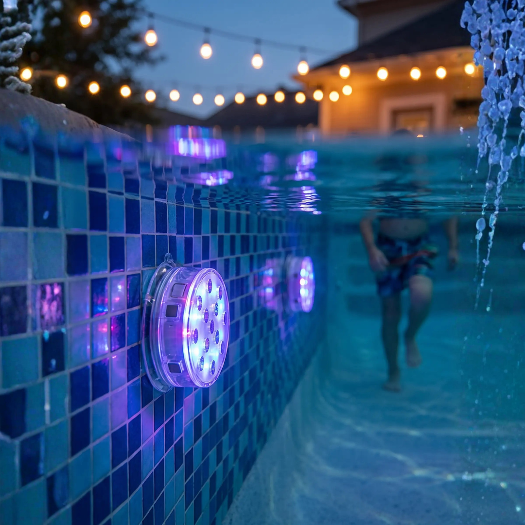 Luces LED sumergibles flotantes RGB creando ambiente festivo en piscina. Control remoto incluido.