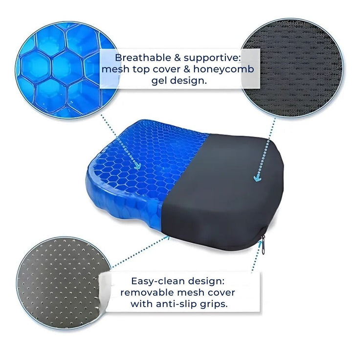 Cojín de gel viscoelástico para silla de ruedas, ofrece alivio de presión y soporte ergonómico.