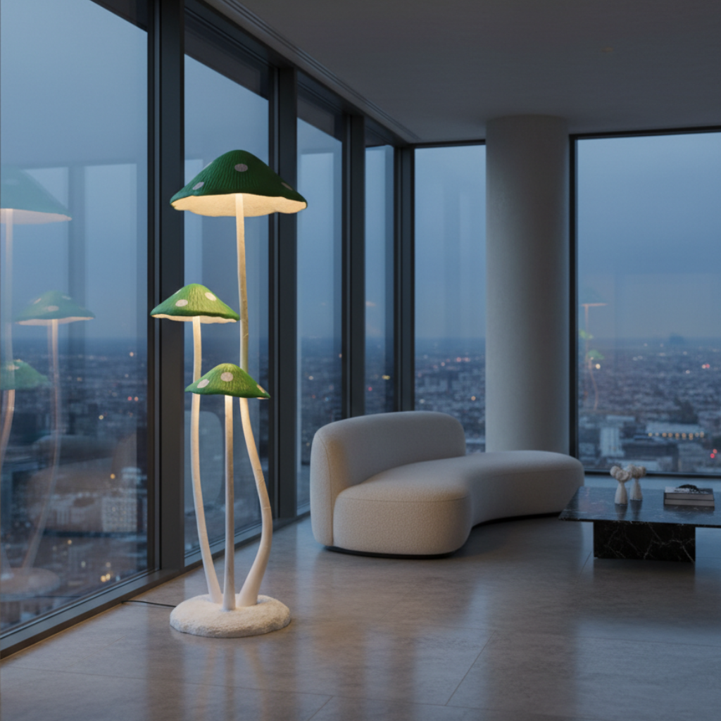 Lámpara de pie LED hongo moderna, luz suave para crear ambiente relajante.