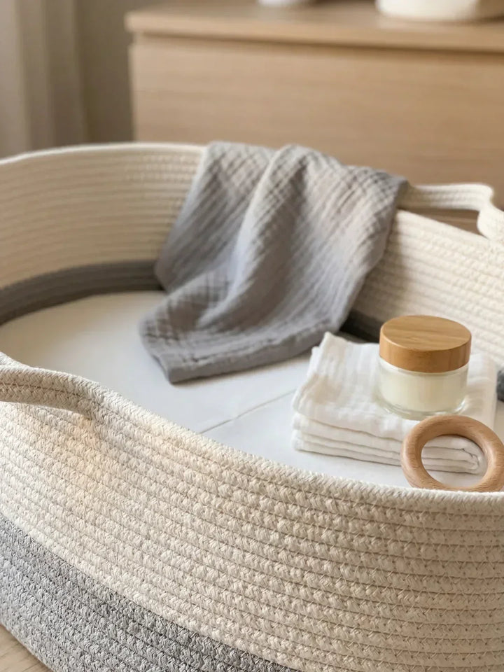 Cesta cambiador portátil rose poudré/ecru, tejida y ovalada, con colchoneta extraíble.