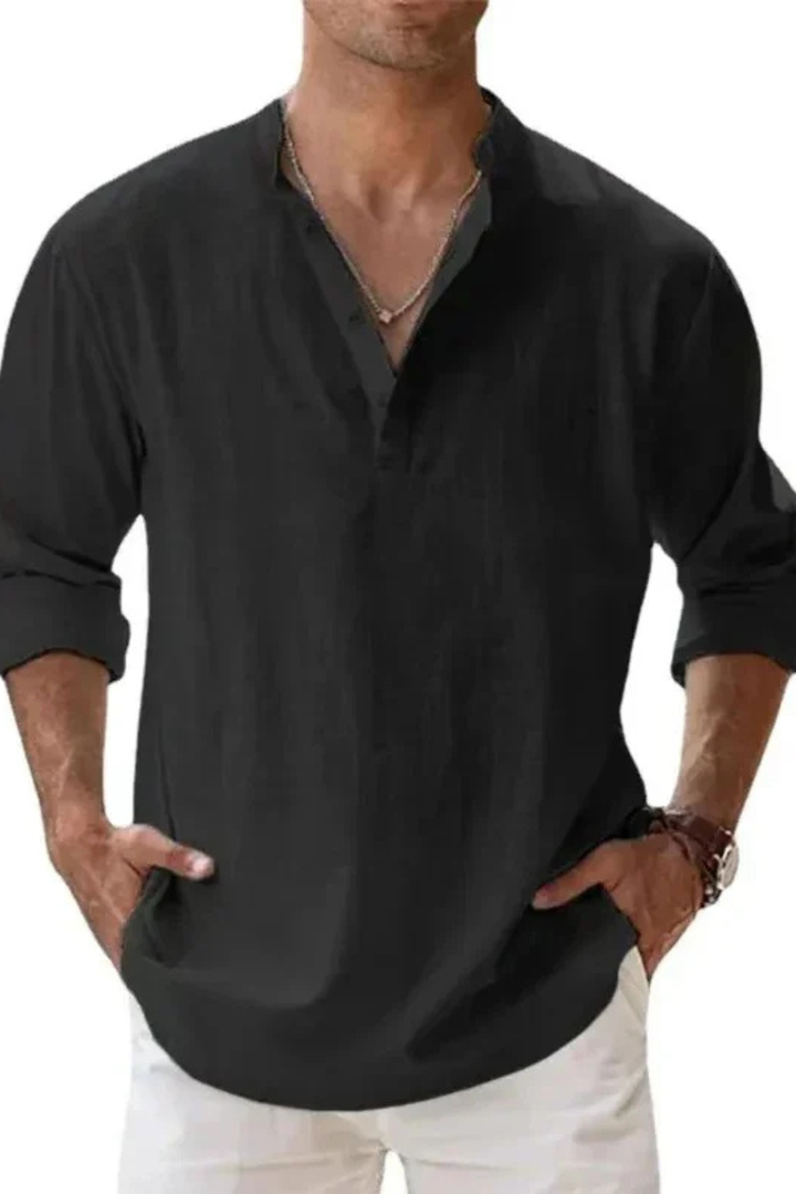 Camisa Henley de lino para hombre en color arena, ropa masculina casual y fresca.