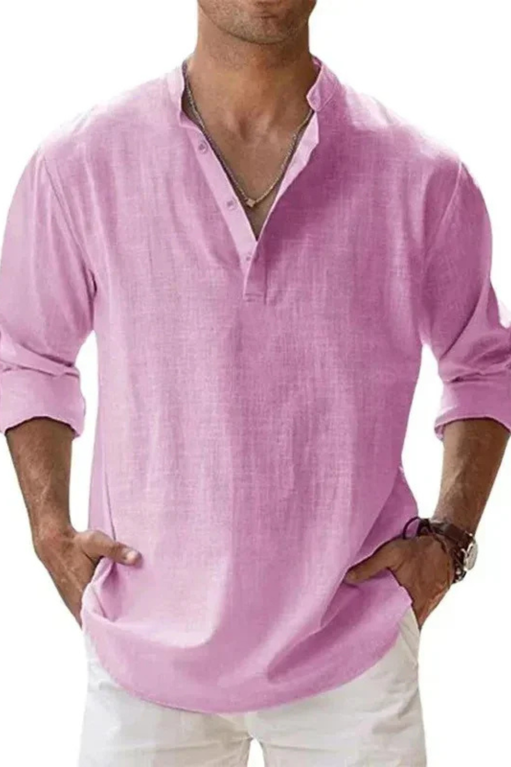 Camisa Henley de lino a rayas sutiles para hombre, estilo casual y transpirable.