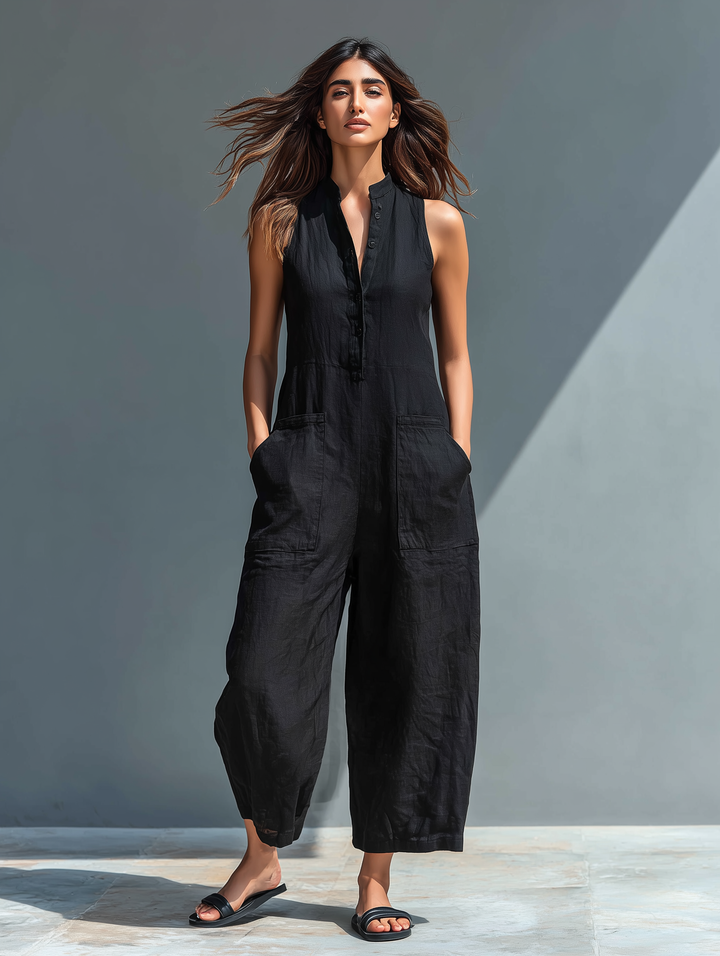 Jumpsuit de lino para mujer, sin mangas. Diseño holgado y minimalista, perfecto para un verano versátil.