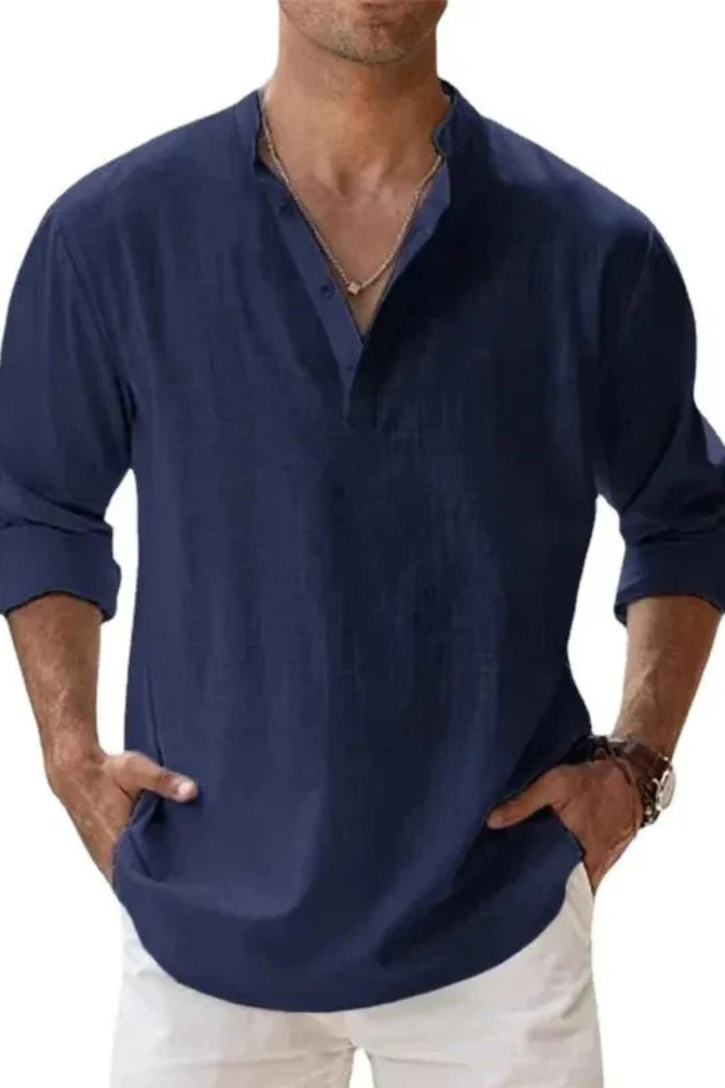 Camisa Henley de lino terracota, moda masculina veraniega, manga larga.