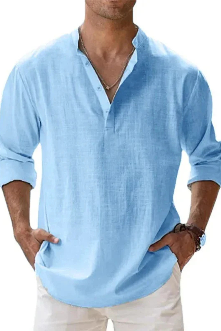 Camisa Henley de lino celeste para hombre, estilo versátil y cómodo para el día a día.