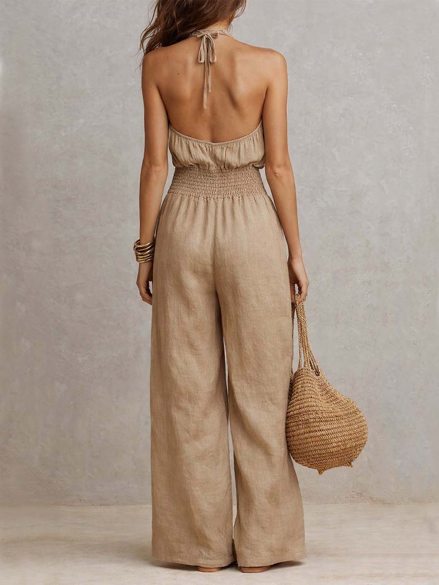 Mono de verano para mujer, halter, espalda descubierta, pierna ancha. Look casual, fresco y desenfadado.