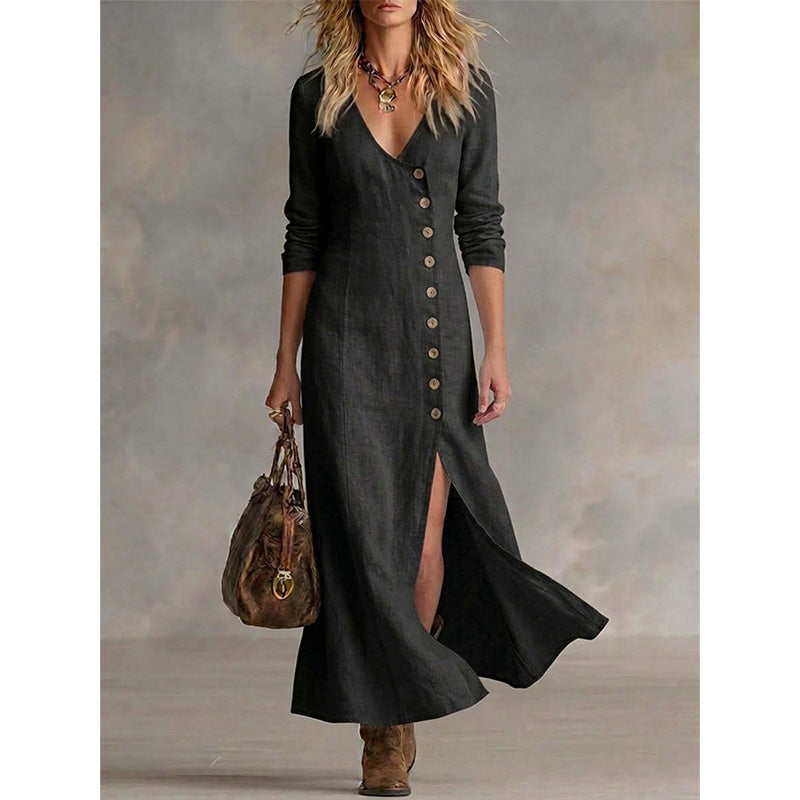 Vestido vintage elegante de mujer con botones. Moda chic casual para verano y primavera.