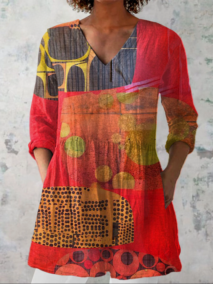 Blusa larga jersey mujer estampado vibrante multicolor. Estilo casual de verano, ligera, cómoda, tallas grandes.