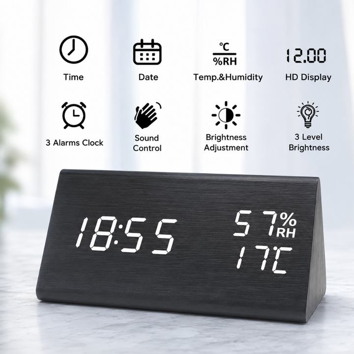Reloj digital para escritorio, funciones de control sonoro, temperatura y humedad.