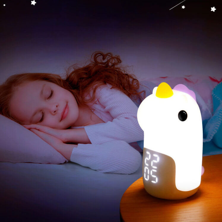 Decoración de unicornio con luz suave LED y función de despertador para el cuarto de los niños.