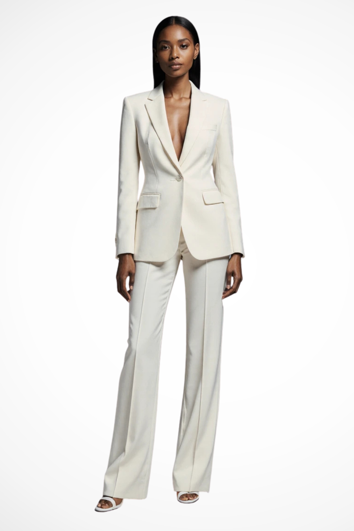 Conjunto formal de blazer y pantalón ancho para mujer, ideal para oficina y eventos.