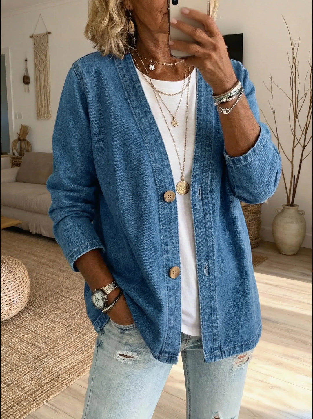 Cómodo cárdigan de mujer en mezclilla casual. Ideal como chaqueta ligera para ropa de diario.