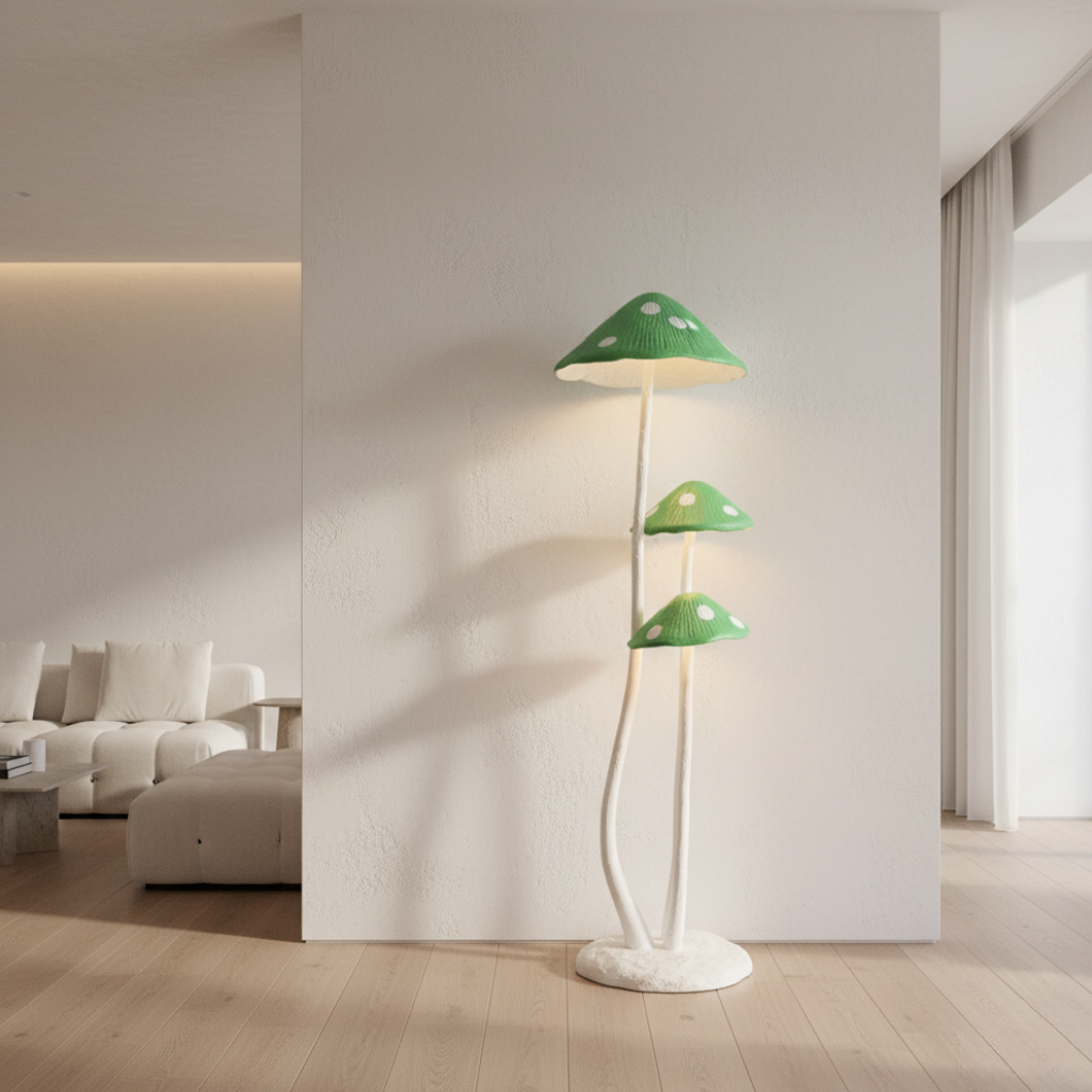 Luz ambiente LED con lámpara de pie hongo verde, perfecta para sala y oficina.