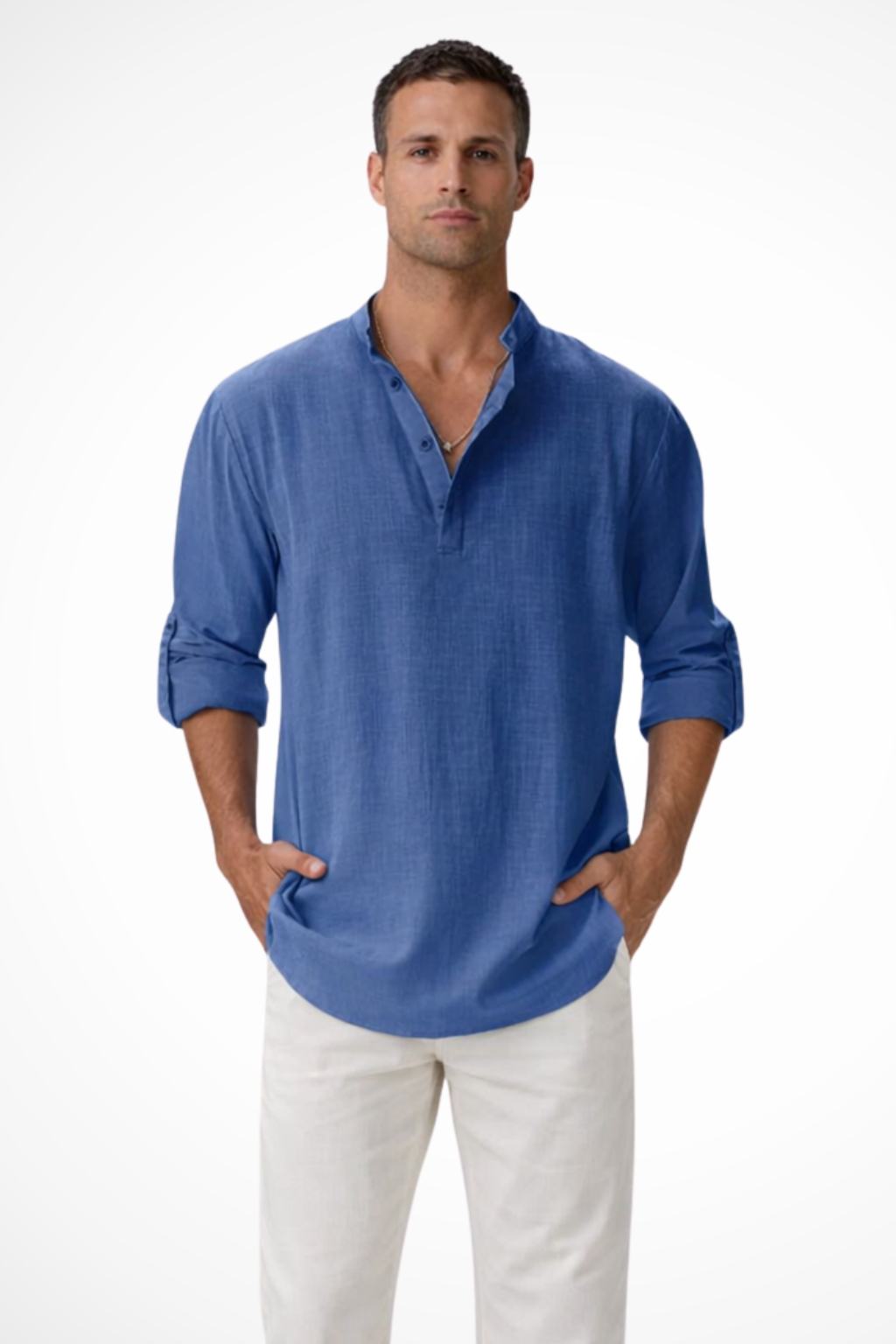 Camisa Henley verde oliva de lino, estilo casual de manga larga para hombre.