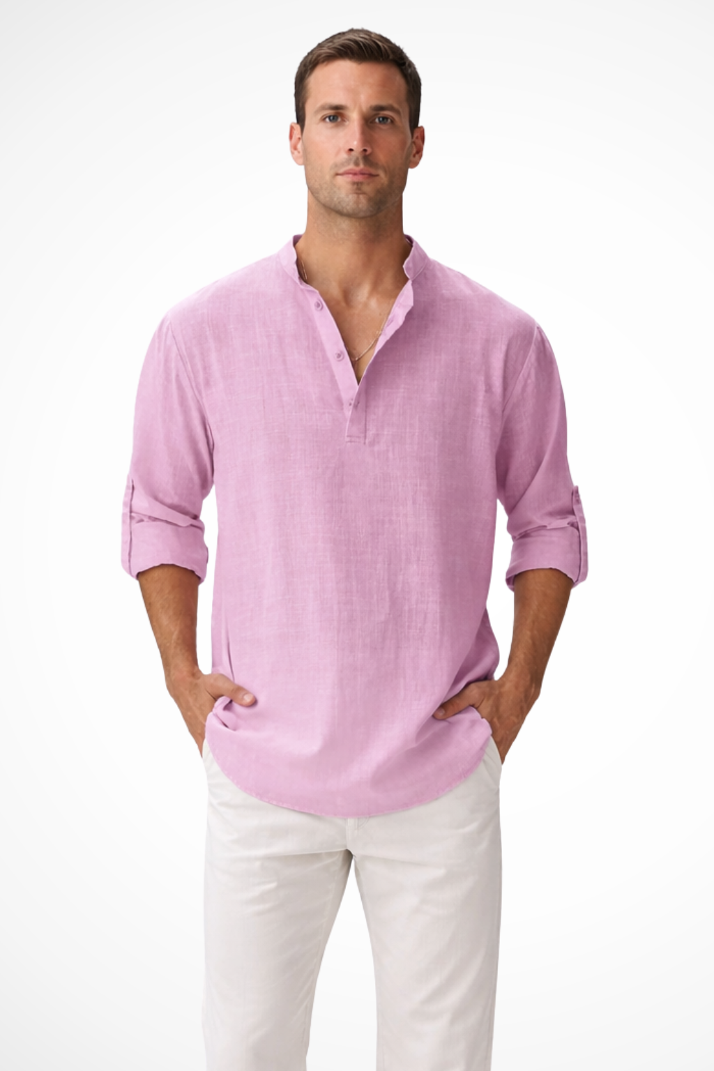 Camisa Henley de hombre color azul claro, lino transpirable, moda casual y cómoda.