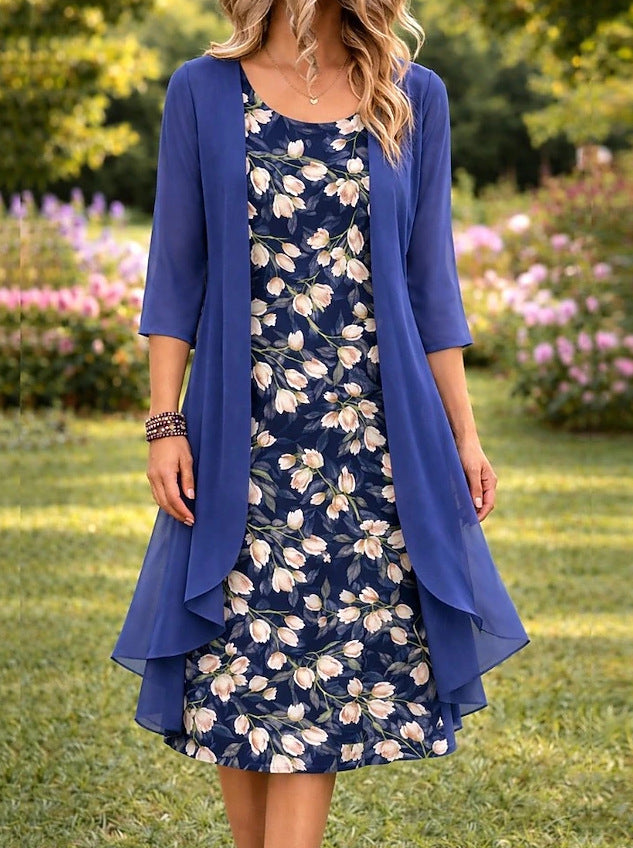 Conjunto de vestido estampado floral y cárdigan ligero para mujer, estilo bohemio y relajado.