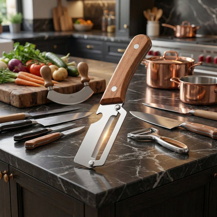 Utensilio de cocina pelador multicuchilla, ideal para preparación rápida y precisa de verduras y frutas para chefs.