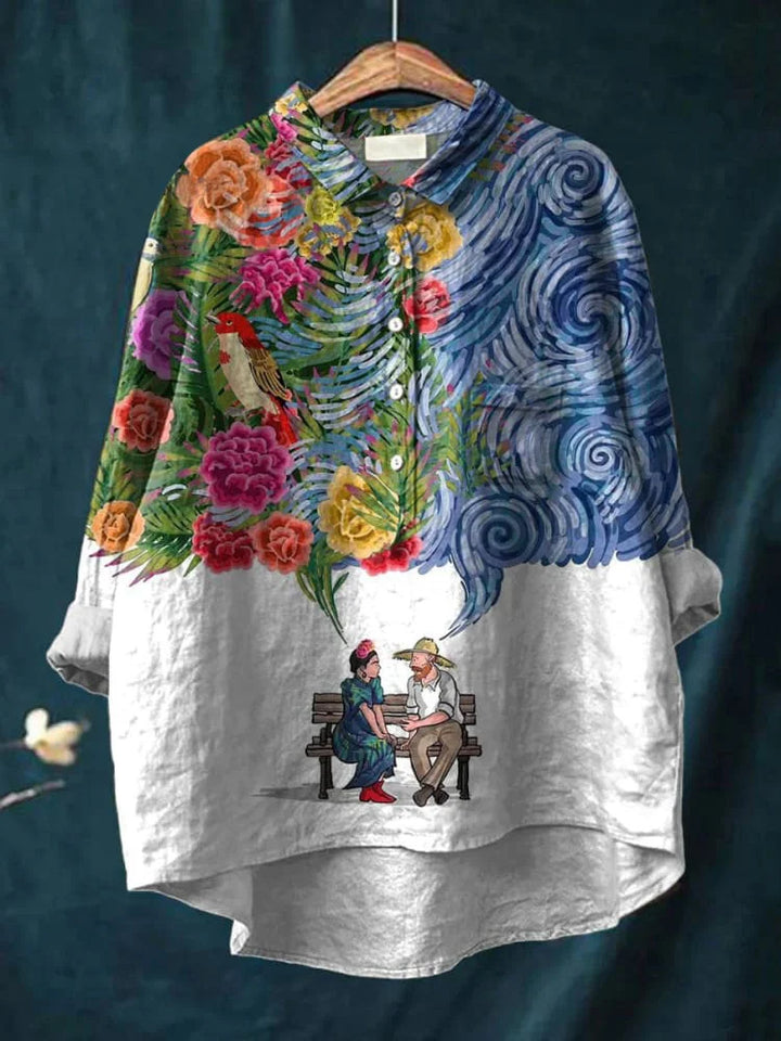 Camisa de algodón para mujer, estampado artístico floral, estilo oversize, perfecta para look casual de verano.