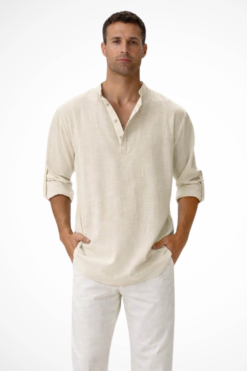 Camisa Henley de lino blanca para hombre, estilo casual de manga larga, ideal para verano.
