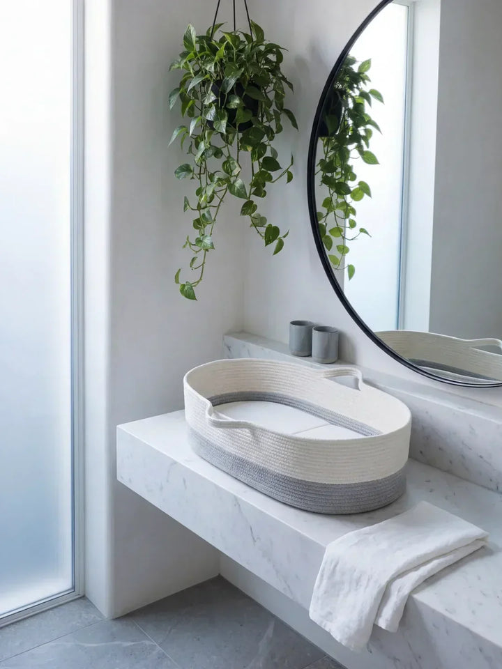 Cambiador de bebé gris perle/ecru, cesta de algodón tejido, diseño elegante para nursery.