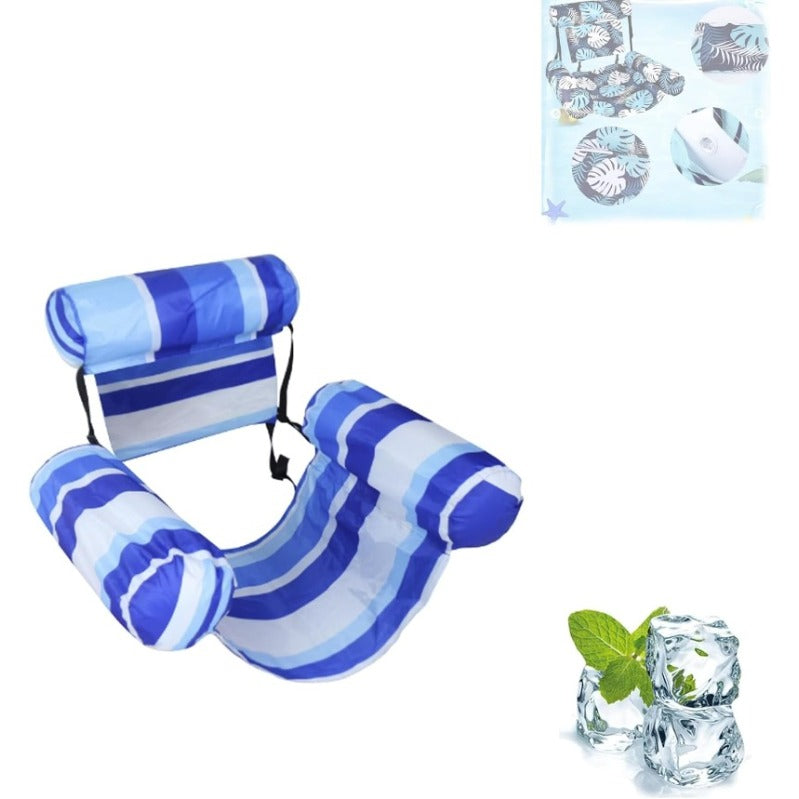 Silla flotante inflable azul para piscina, ideal para relajación veraniega y comodidad en el agua.