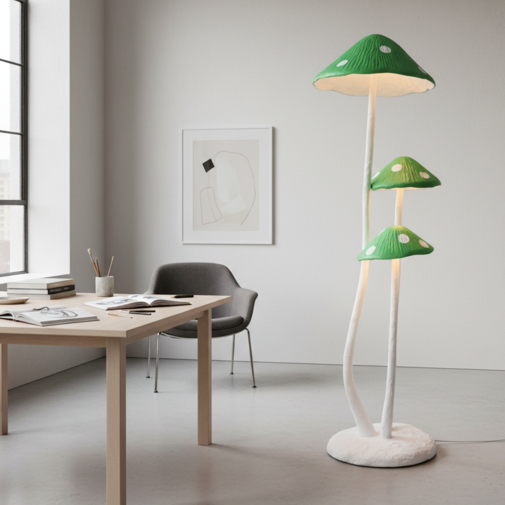 Decoración de interiores: lámpara de pie LED hongo verde, luz ambiente escultural.