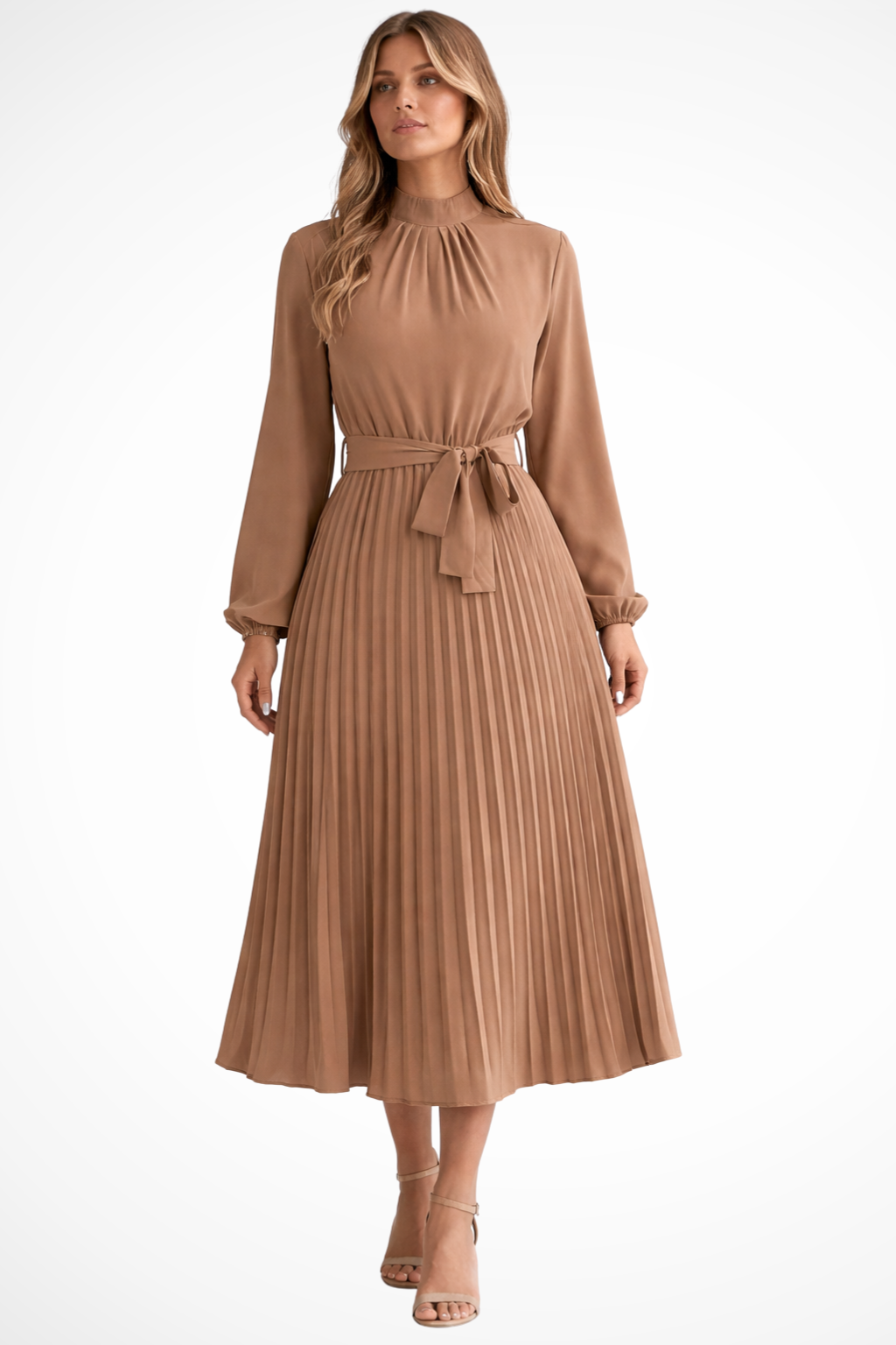 Vestido de invitada midi plisado, con mangas largas y cinturón, elegante y moderno para mujer.