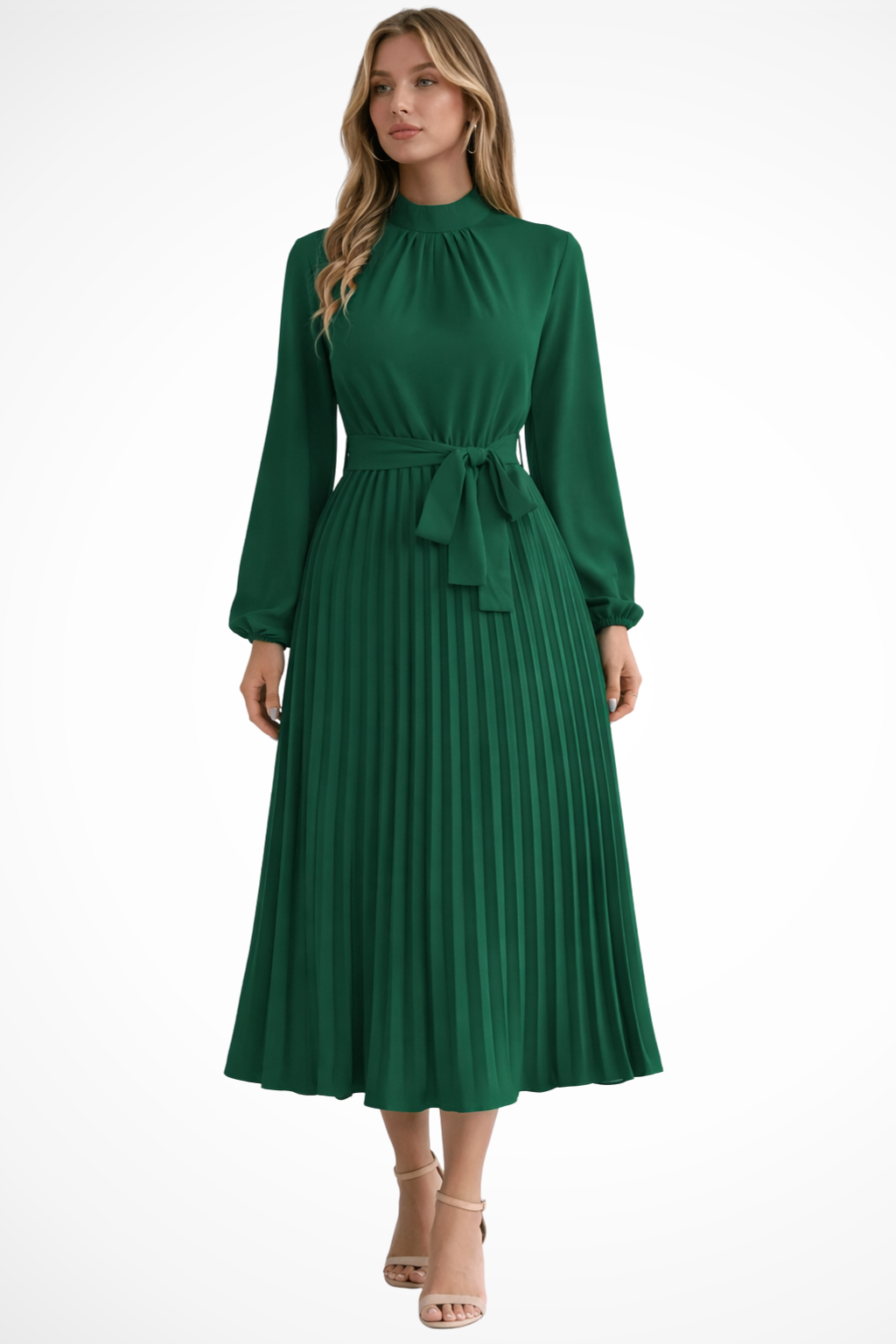 Elegante vestido midi plisado de mujer con mangas largas y cinturón, perfecto para fiestas.