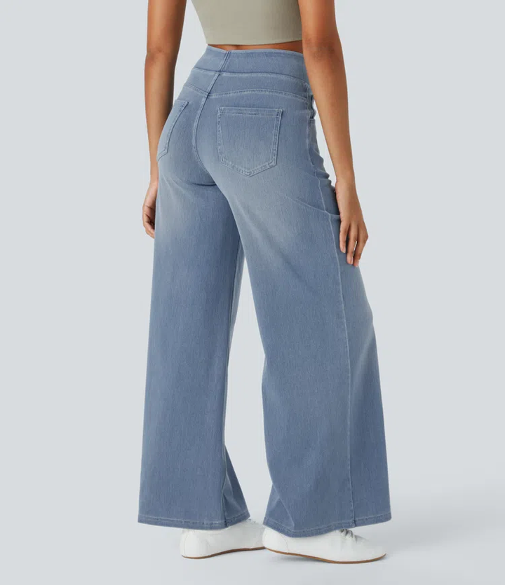 Comodidad y estilo: jean de mujer pierna ancha, talle alto y elástico. Perfecto para moda casual.