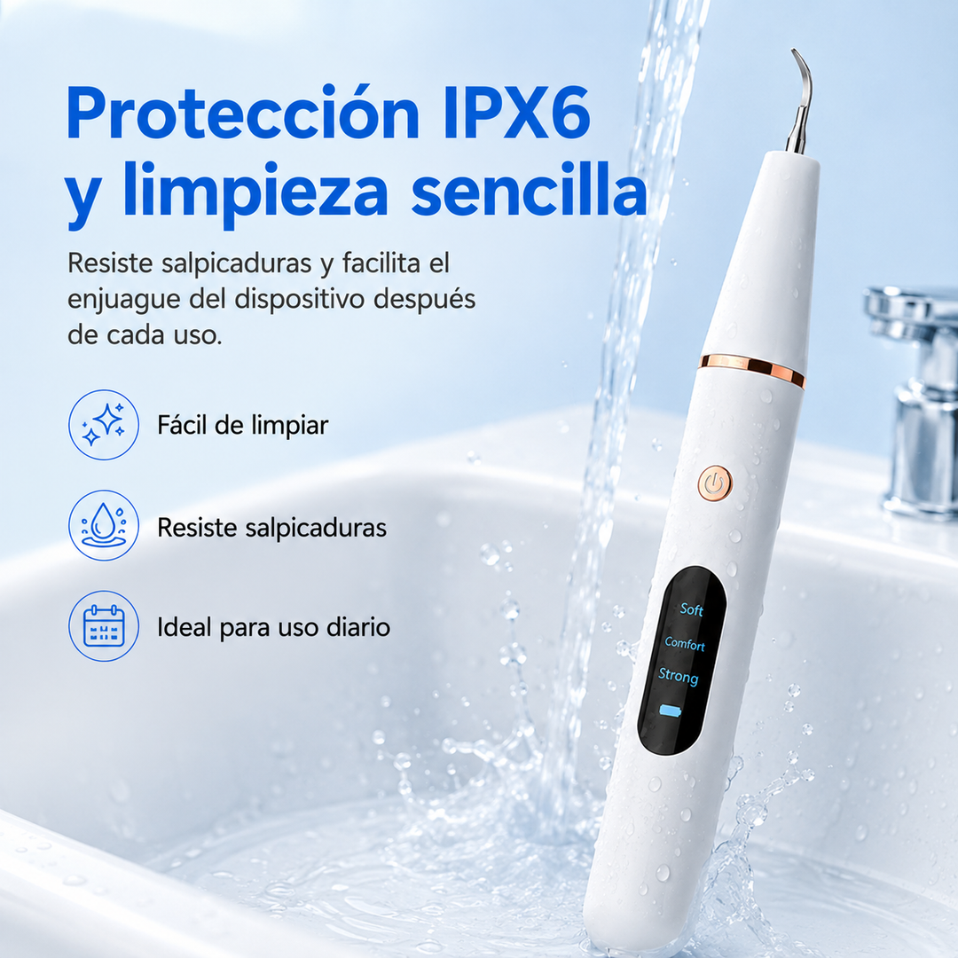 Dispositivo ultrasónico eléctrico para eliminar sarro y placa dental, mejorando la salud bucal y frescura.