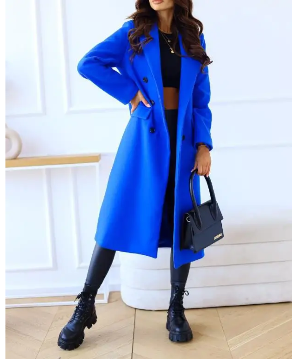Abrigo largo de invierno, doble botonadura, elegante para mujer, esencial en tu guardarropa.