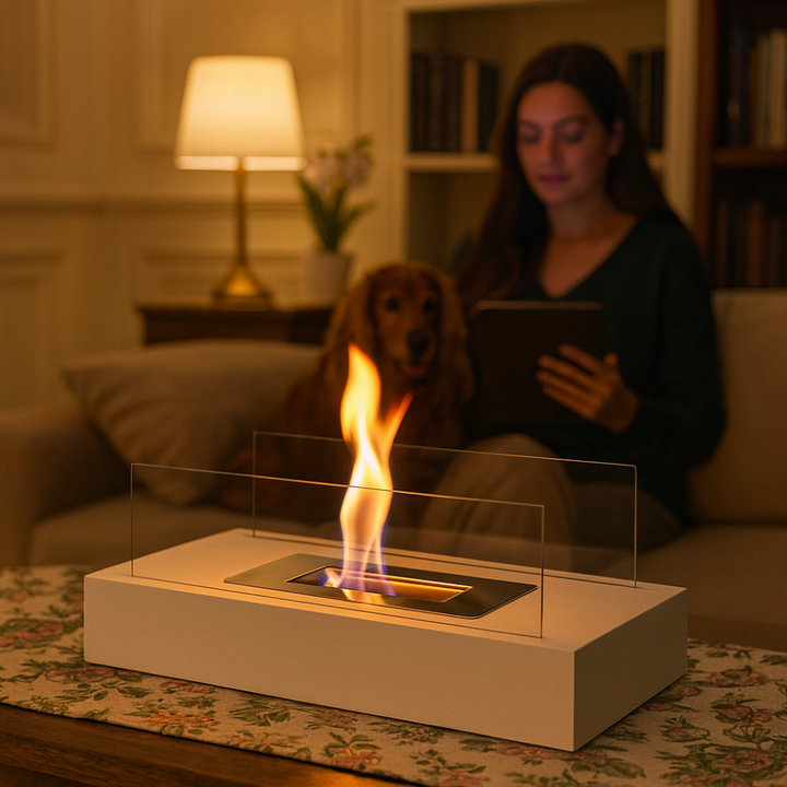 Chimenea de mesa bioetanol moderna decorando una sala de estar, creando un ambiente acogedor.