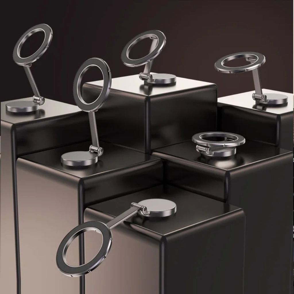 Soporte magnético 360° para móvil, mostrando su mecanismo plegable y base adhesiva segura para auto.