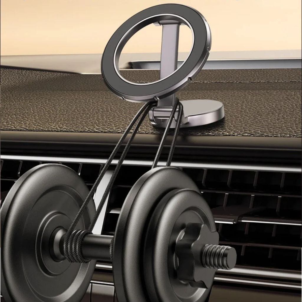 Teléfono sujetado en soporte magnético plegable 360° para coche, en posición horizontal para GPS.