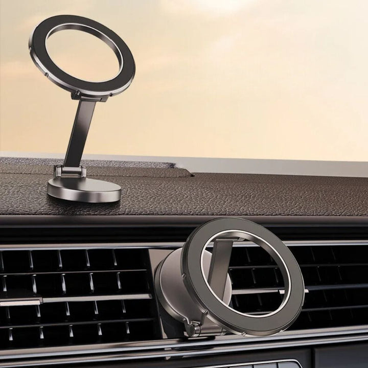 Instalación fácil del soporte magnético 360° para coche, mantiene el móvil firme y seguro en cualquier viaje.