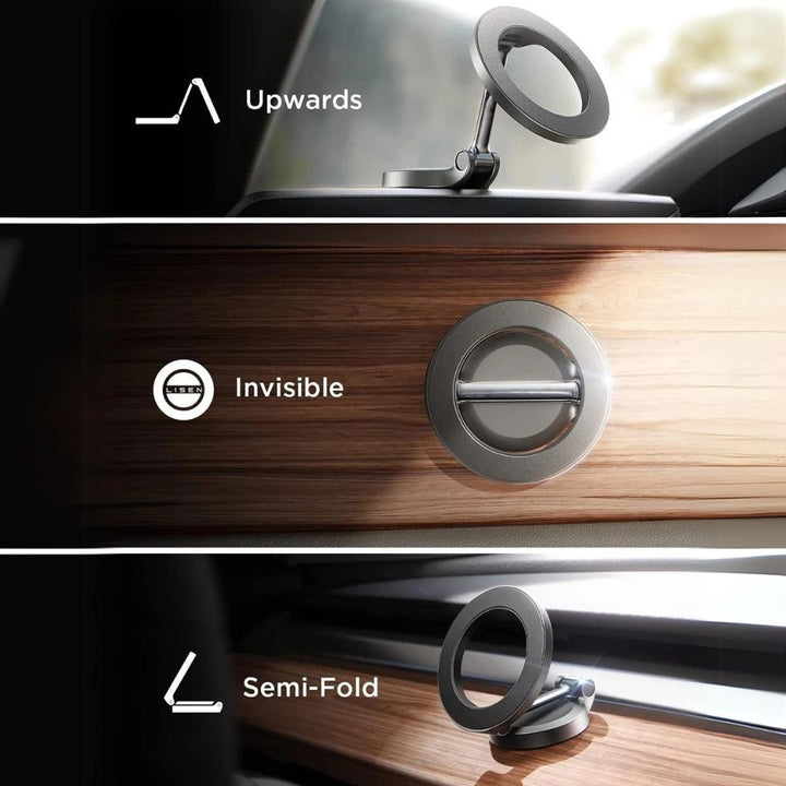 Soporte magnético potente para teléfono en coche, asegura tu móvil con giro 360° y pliega fácilmente.